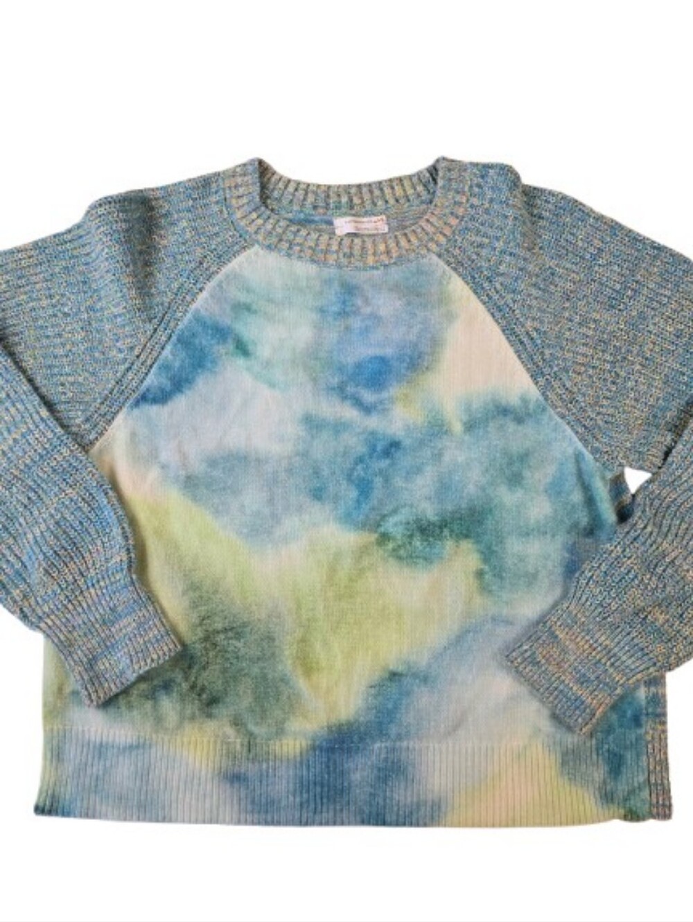 Anthropologie Watercolor Mixed Knit Sweater Blue Green Crewneck Size Large